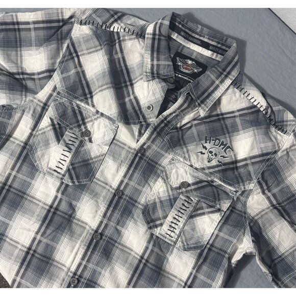 Harley Davidson Genuine Short Sleeve Button Down Shirt Gray Size Large Blue - Picture 1 of 11